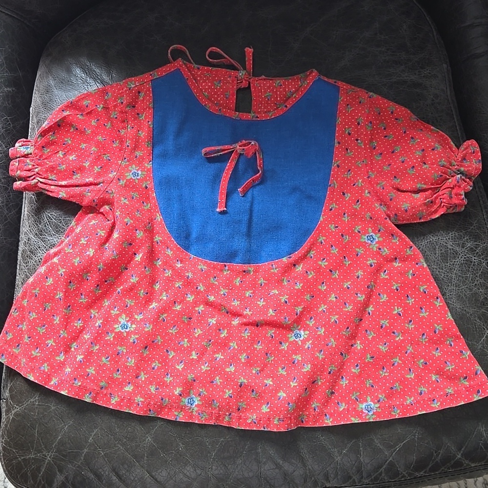 Vintage Toddler Girls Blouse 3 Flowy Flowers Polka Dot Bow 70s Prairie Cottage